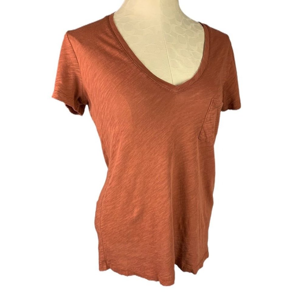 XS Madewell Women's V-Neck Rust Orange Tshirt Short Sleeve Single Pocket